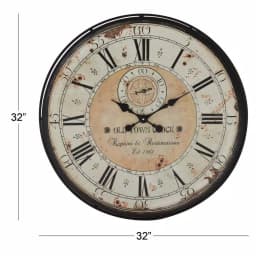 LITTON LANE 32 in. Round Rustic Black Iron and Wood Antique Roman Numeral Wall Clock thumbnail 7