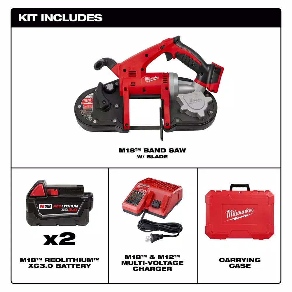 Milwaukee M18 18V Lithium-Ion Cordless Band Saw Kit with Two 3.0 Ah Batteries, Charger, and Hard Case