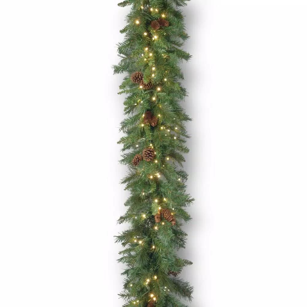 National Tree Company 9 ft. Garwood Spruce Garland with 300 Warm White LED Lights and Pine Cone Accents