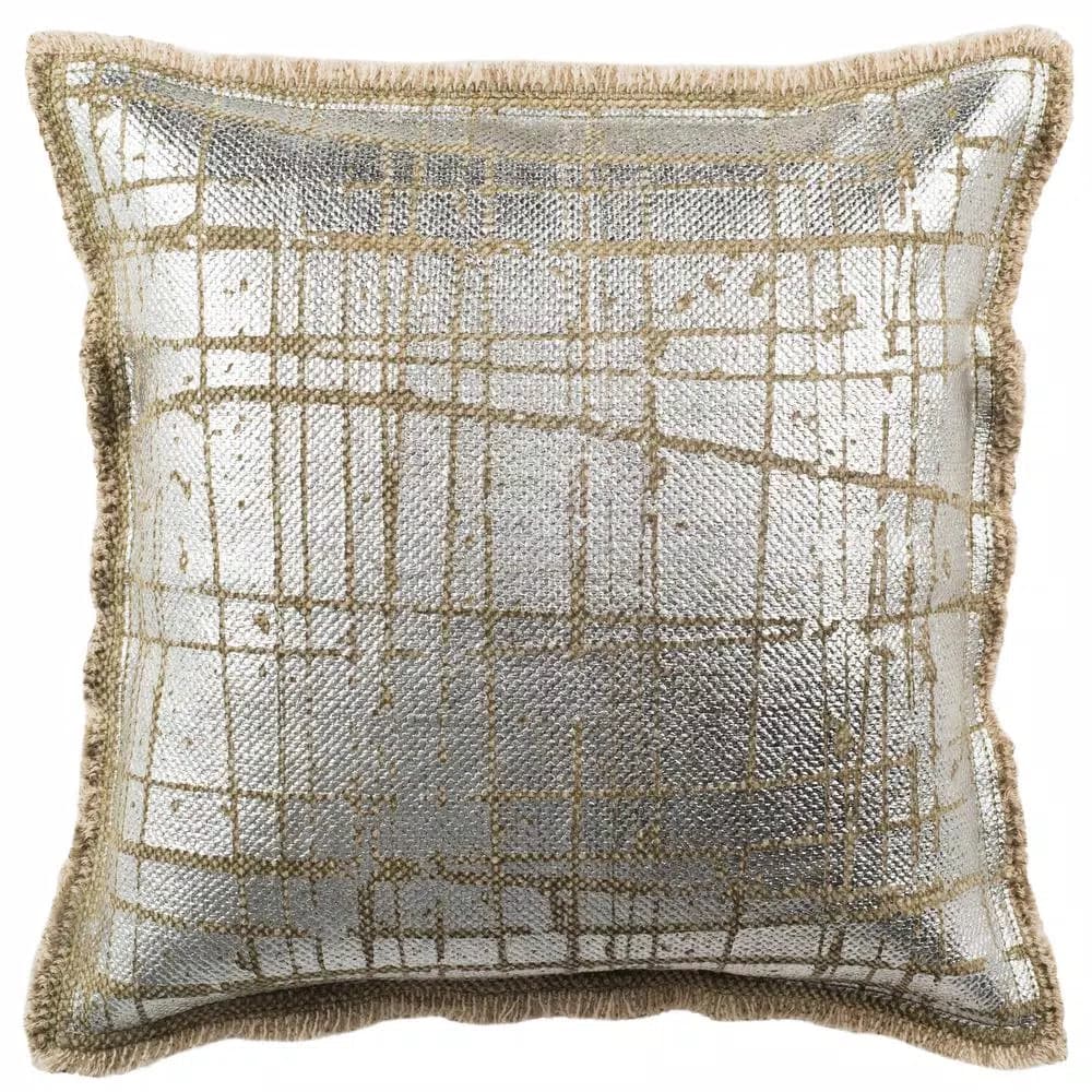 Safavieh Metallic Grid Silvery-Moss 20 in. x 20 in. Cotton Throw Pillow with Down Alternative Fill