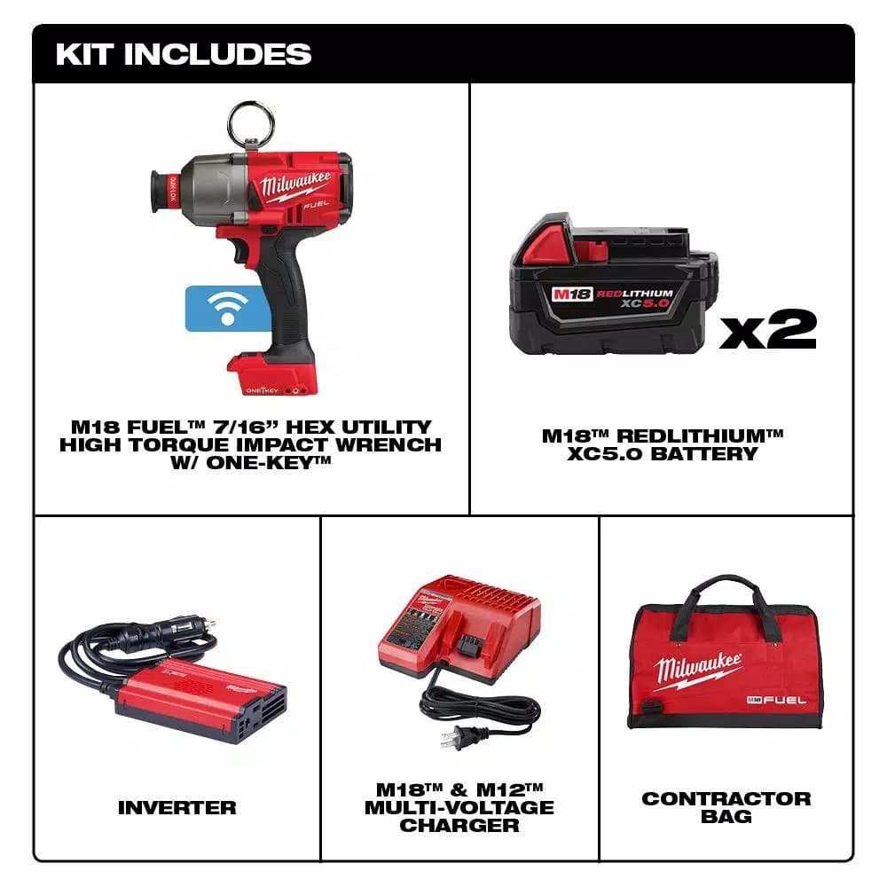 Milwaukee M18 FUEL ONE-KEY 7/16 in. Hex Impact Wrench Kit with 2 5.0 Ah Batteries and Tool Bag
