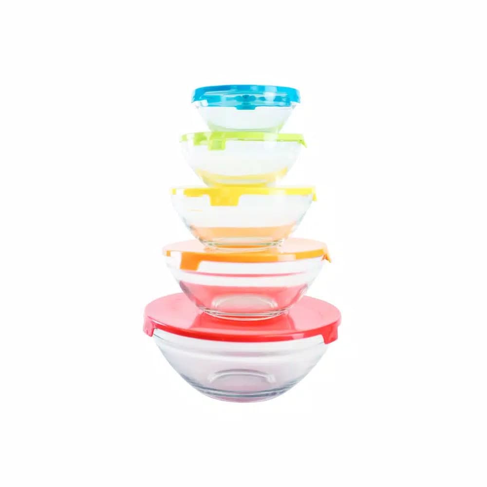Home Basics 5-Piece Glass Bowl Set with Colorful Plastic Lids