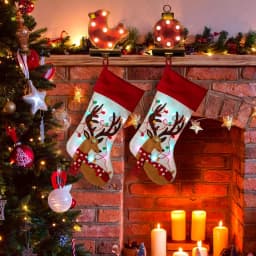 Glitzhome 21 in. LED Embroidered Polyester Linen Christmas Stockings, 2-Pack thumbnail 6