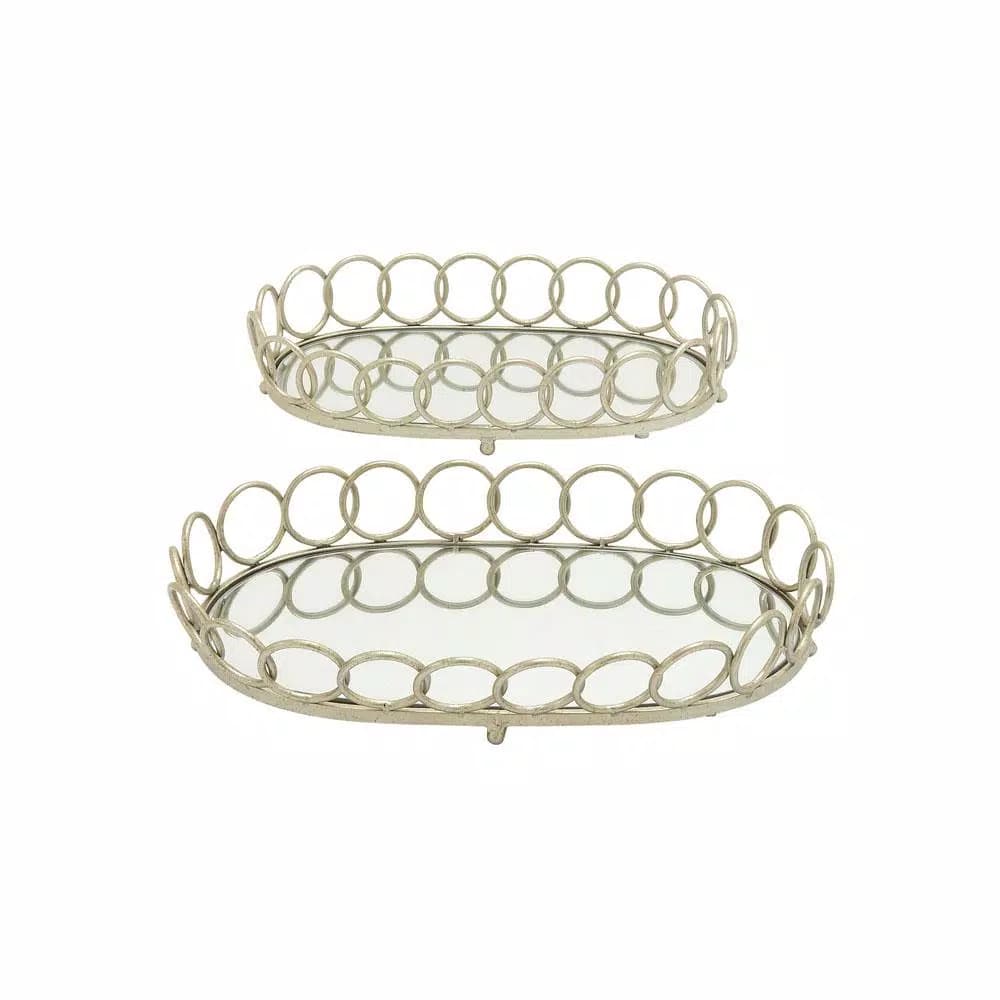 LITTON LANE Modern Reflections Silver Oval Mirror Ring Trays, Set of 2