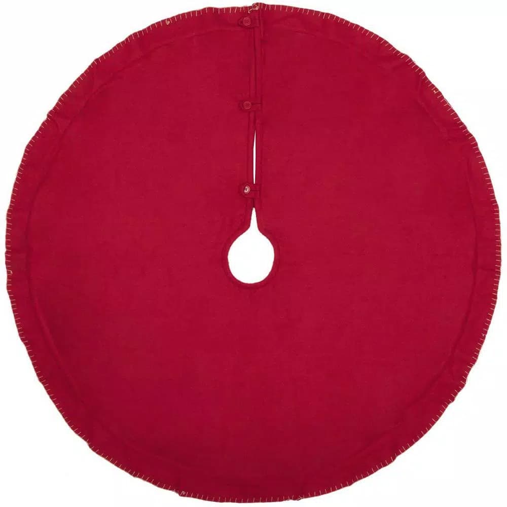VHC Brands Claren 48 in. Cherry Red Rustic Plaid Christmas Tree Skirt with Gold Metallic Thread