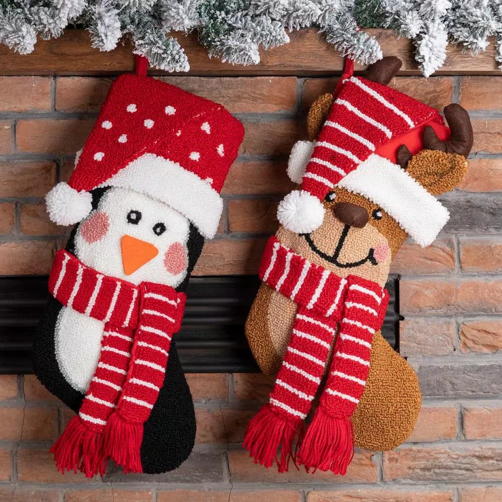 Glitzhome 19 in. 3D Hooked Penguin and Reindeer Christmas Stocking Set of 2