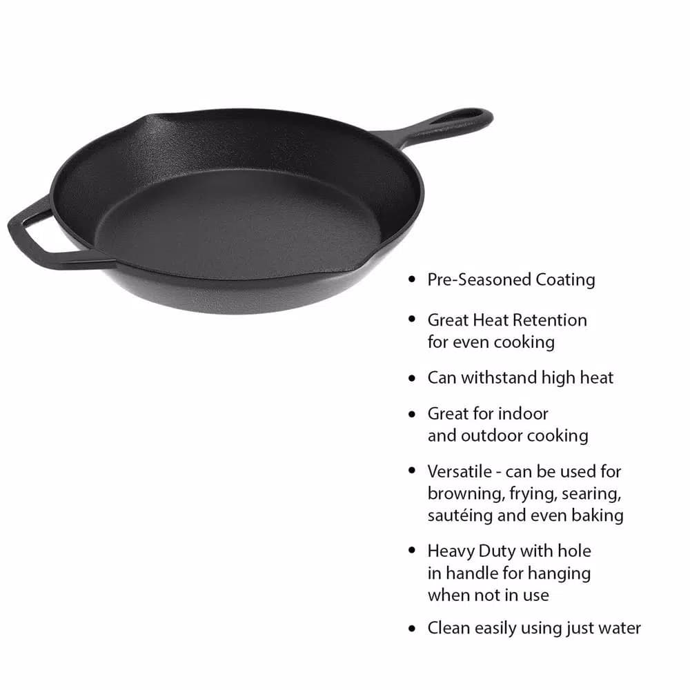 Classic Cuisine 12 in. Cast Iron Skillet with Pour Spout, Black