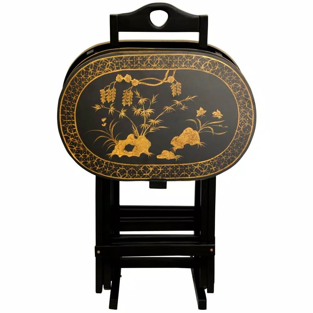 Oriental Furniture 4-Pack Rosewood Folding TV Trays with Antique Gold Bamboo & Butterfly Motif