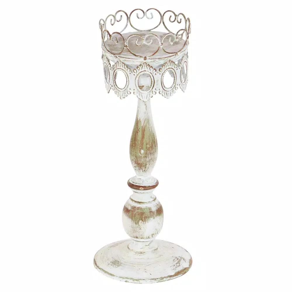 LITTON LANE 14 in. Distressed Ivory Iron Pillar Candle Holders with Filigree Design (Set of 2)