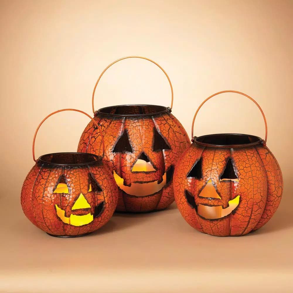 Gerson Assorted Metal Nested Jack-O-Lantern Luminaries, Set of 3, Orange