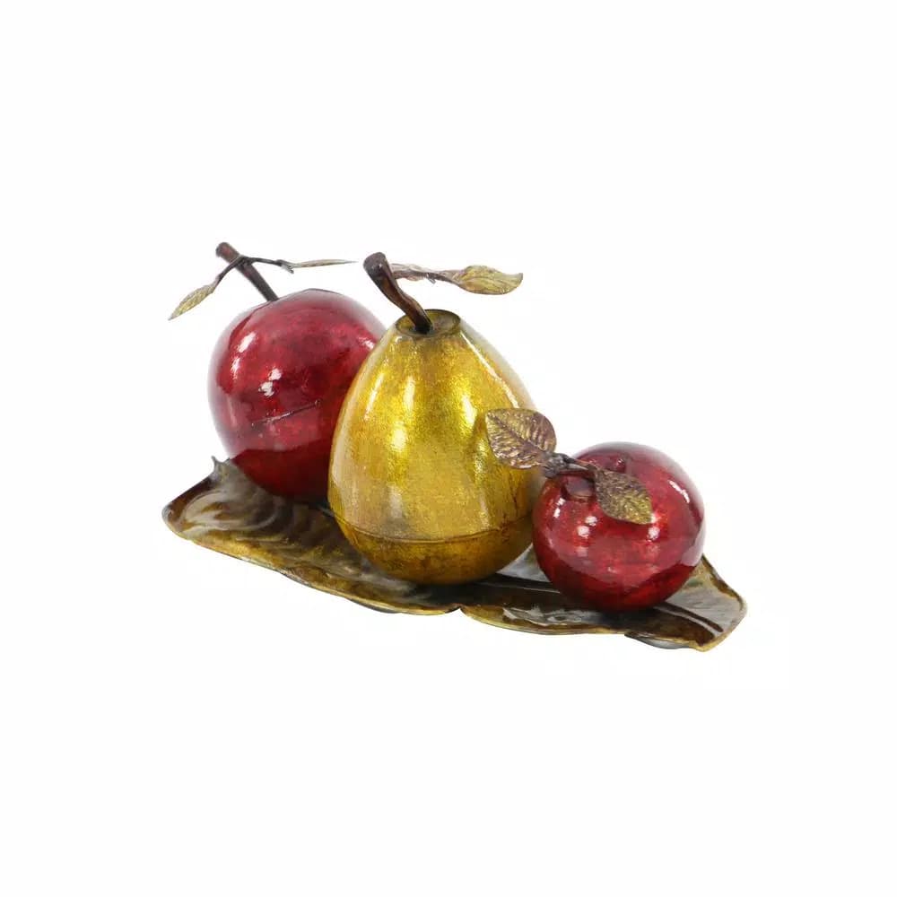 LITTON LANE Elegant Metal Fruit Sculpture Set - Golden Pear and Red Apples on Leaf Tray Base