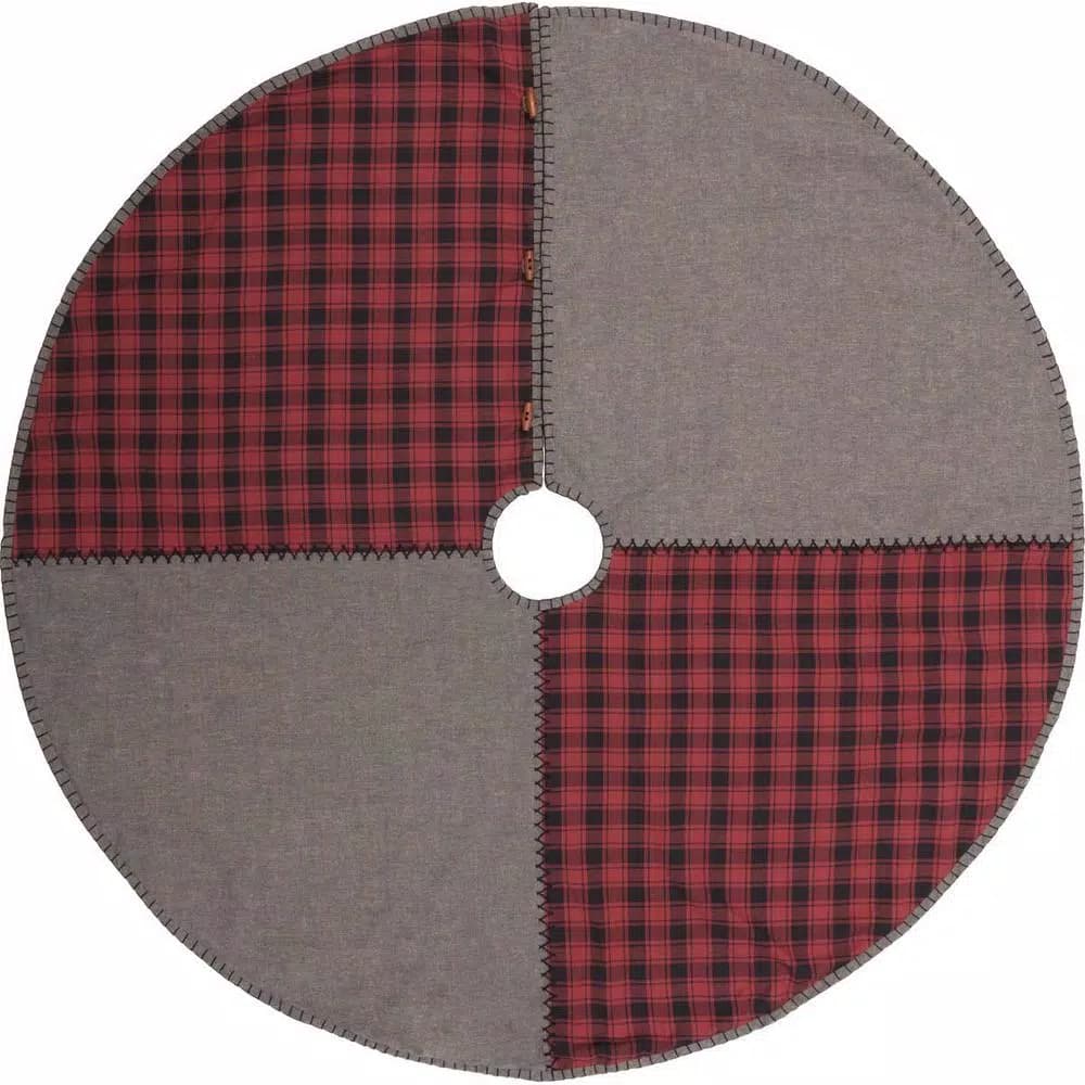 VHC Brands 48 in. Andes Charcoal Grey and Red Buffalo Check Rustic Cotton Christmas Tree Skirt