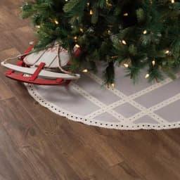 VHC Brands 48 in. Grey Margot Farmhouse Christmas Tree Skirt with Diamond Lace and Chambray thumbnail 4