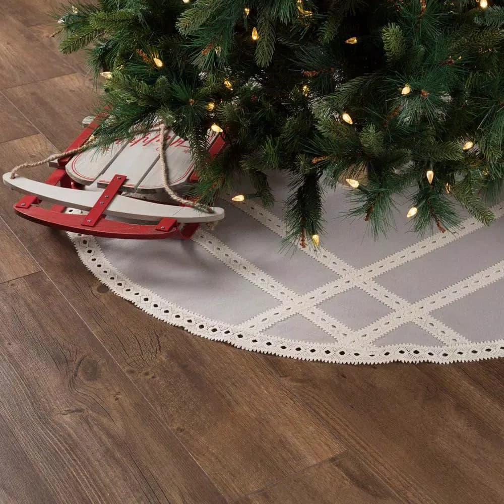 VHC Brands 48 in. Grey Margot Farmhouse Christmas Tree Skirt with Diamond Lace and Chambray
