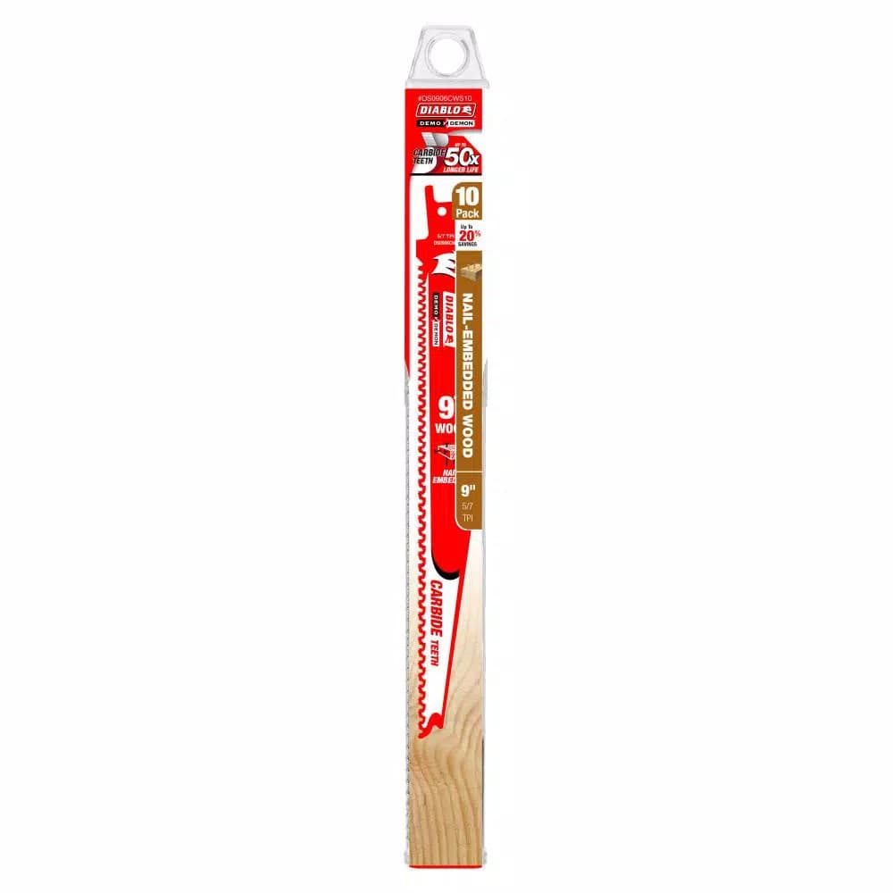 Diablo Demo Demon 9 in. Carbide Reciprocating Saw Blades for Nail-Embedded Wood, 5/7 TPI, 10-Pack