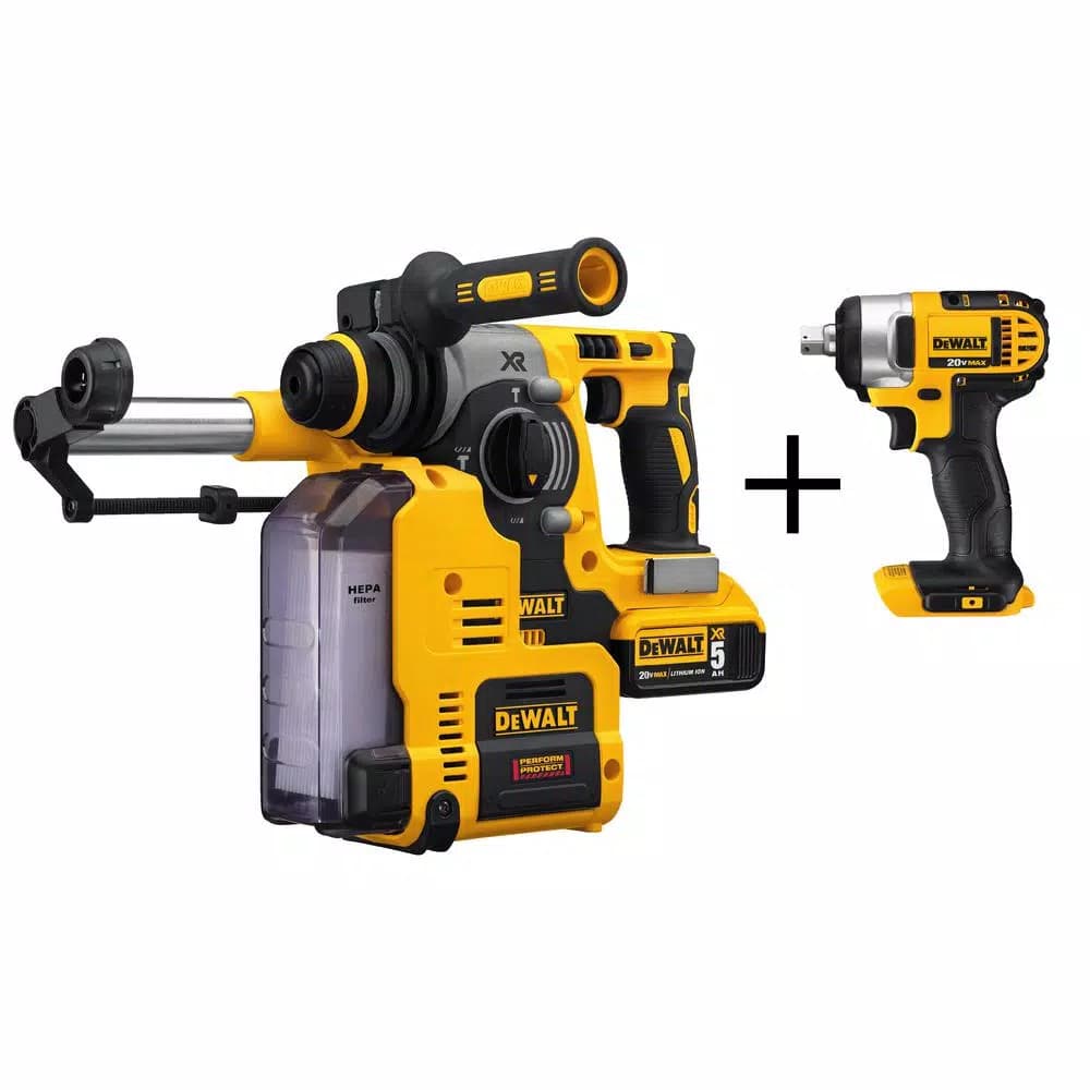DEWALT 20V MAX XR 1 in. SDS Plus Rotary Hammer Kit with Dust Extractor, (2) 5 Ah Batteries & 1/2 in. Impact Wrench