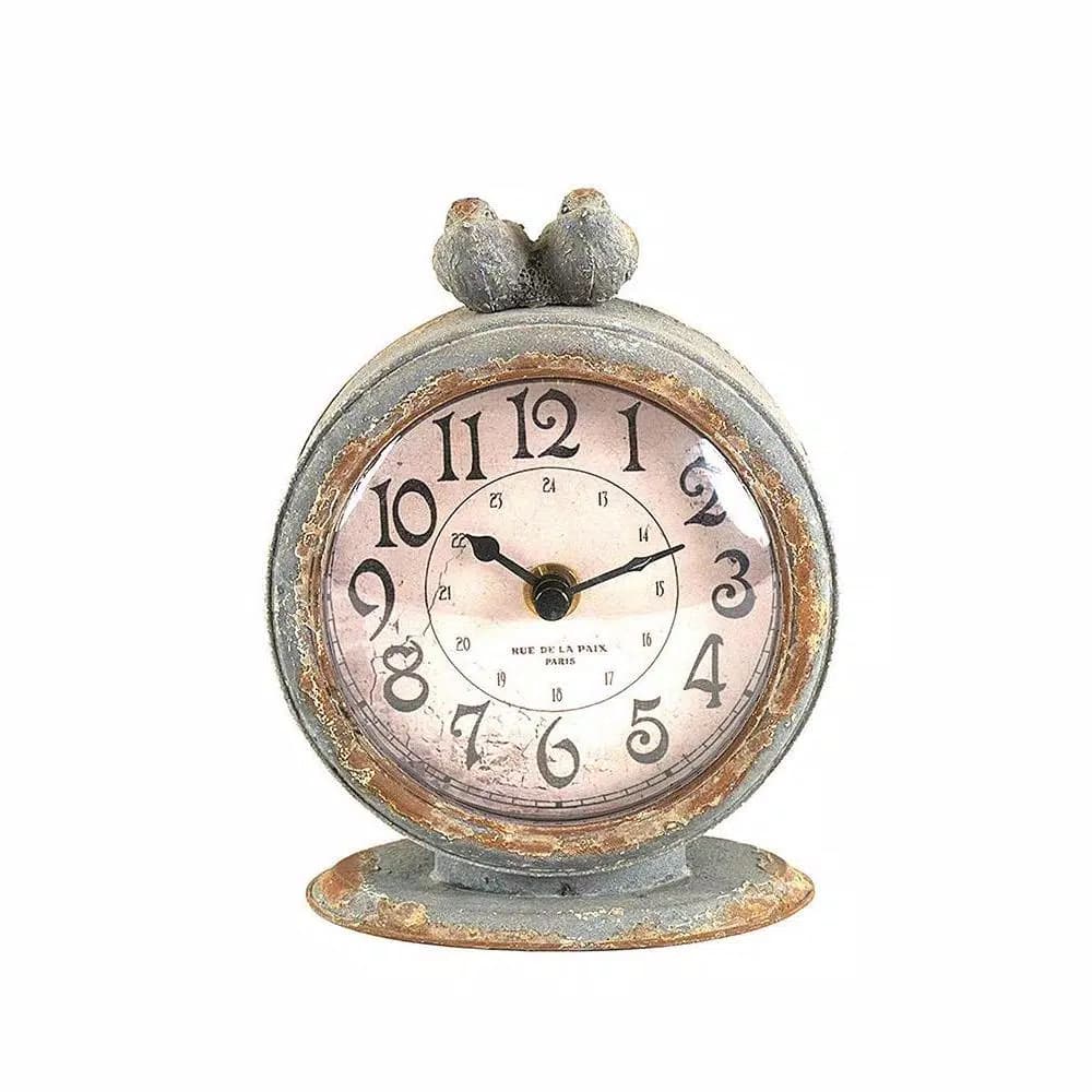 3R Studios Two Birds Round Pewter Mantel Clock - Distressed Grey Farmhouse Decor