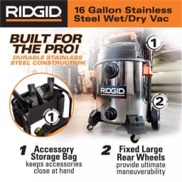 RIDGID 16 Gal. 6.5 Peak HP Stainless Steel Wet/Dry Shop Vacuum with 2.5 in. Locking Accessories thumbnail 4