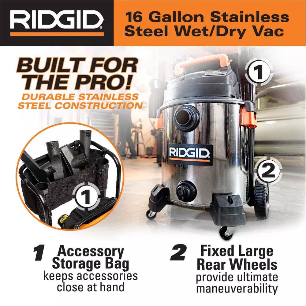 RIDGID 16 Gal. 6.5 Peak HP Stainless Steel Wet/Dry Shop Vacuum with 2.5 in. Locking Accessories
