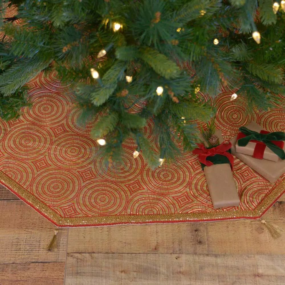 VHC Brands 60 in. Soleil Candy Apple Red & Bronze Jacquard Christmas Tree Skirt with Gold Tassels