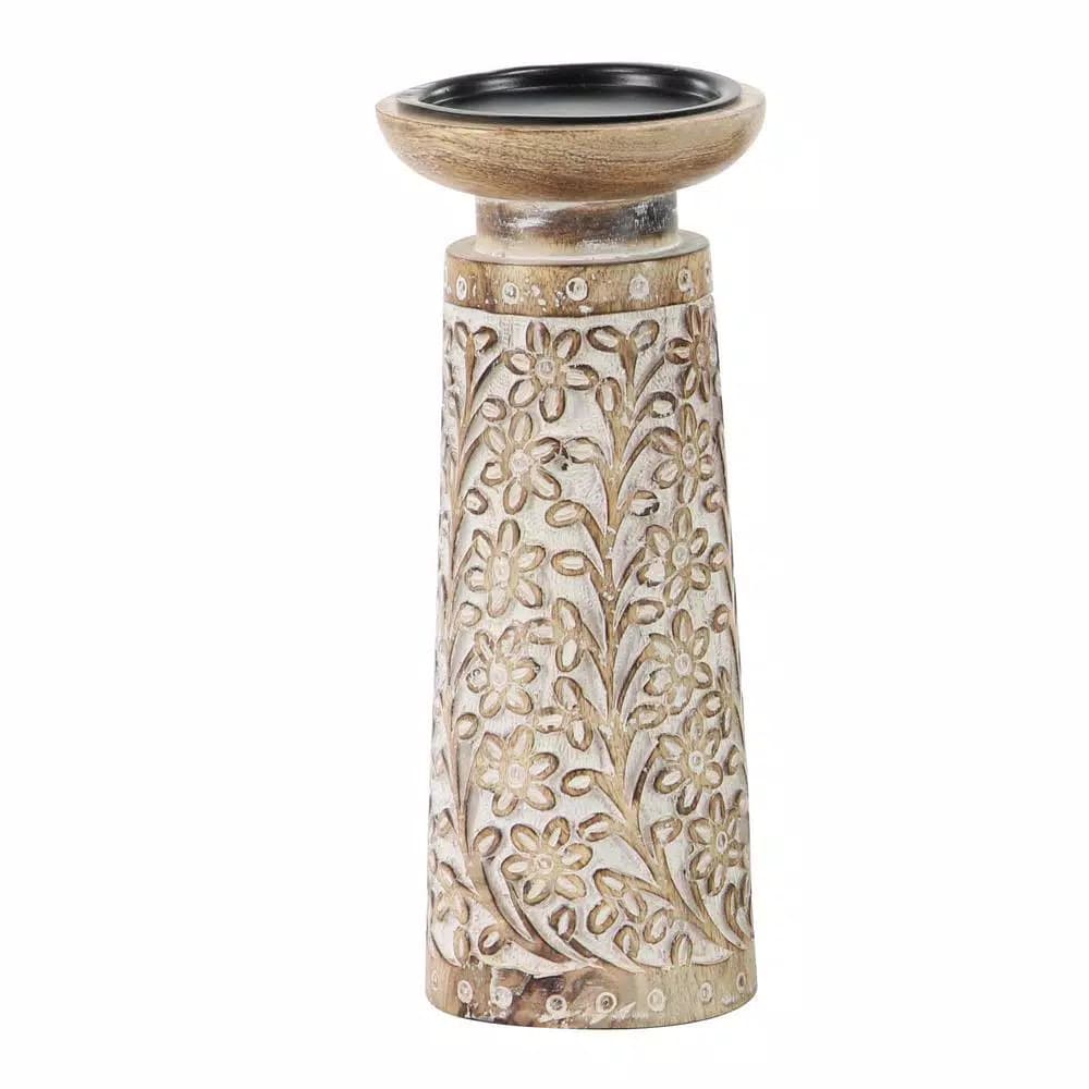 LITTON LANE Rustic Mango Wood and Iron Candle Holder Set of 3 with Floral Carvings