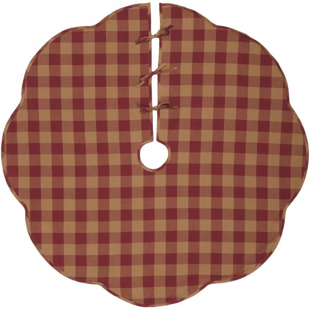 VHC Brands 55 in. Burgundy Check Red Primitive Christmas Tree Skirt with Scalloped Edge