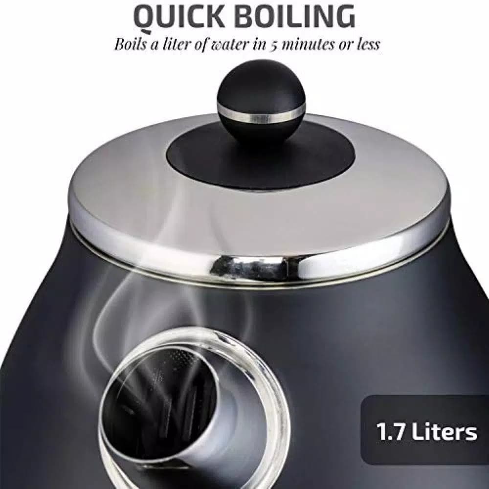 Ovente KS777 1.7L Black Stainless Steel Electric Kettle, 1500W Fast Boil with Auto Shut-Off