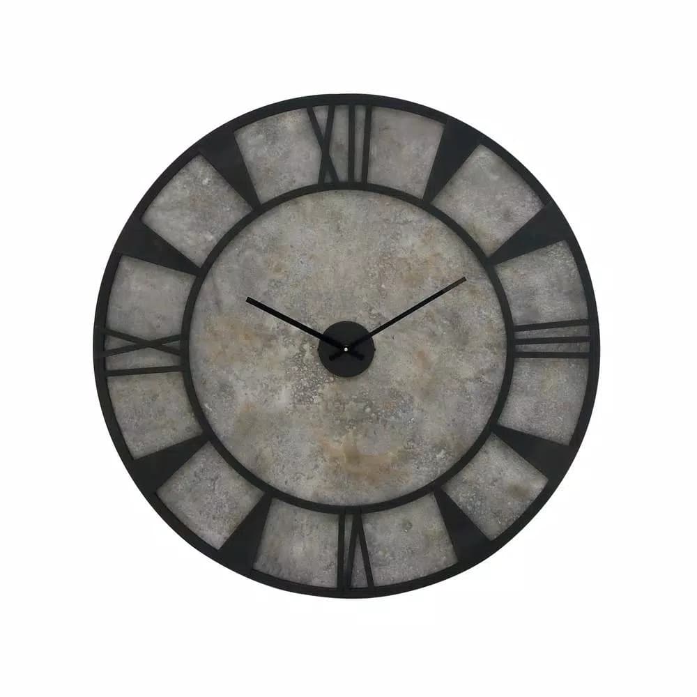 LITTON LANE 35 in. Modern Industrial Round Wall Clock - Matte Black Iron and Stone Gray Wood