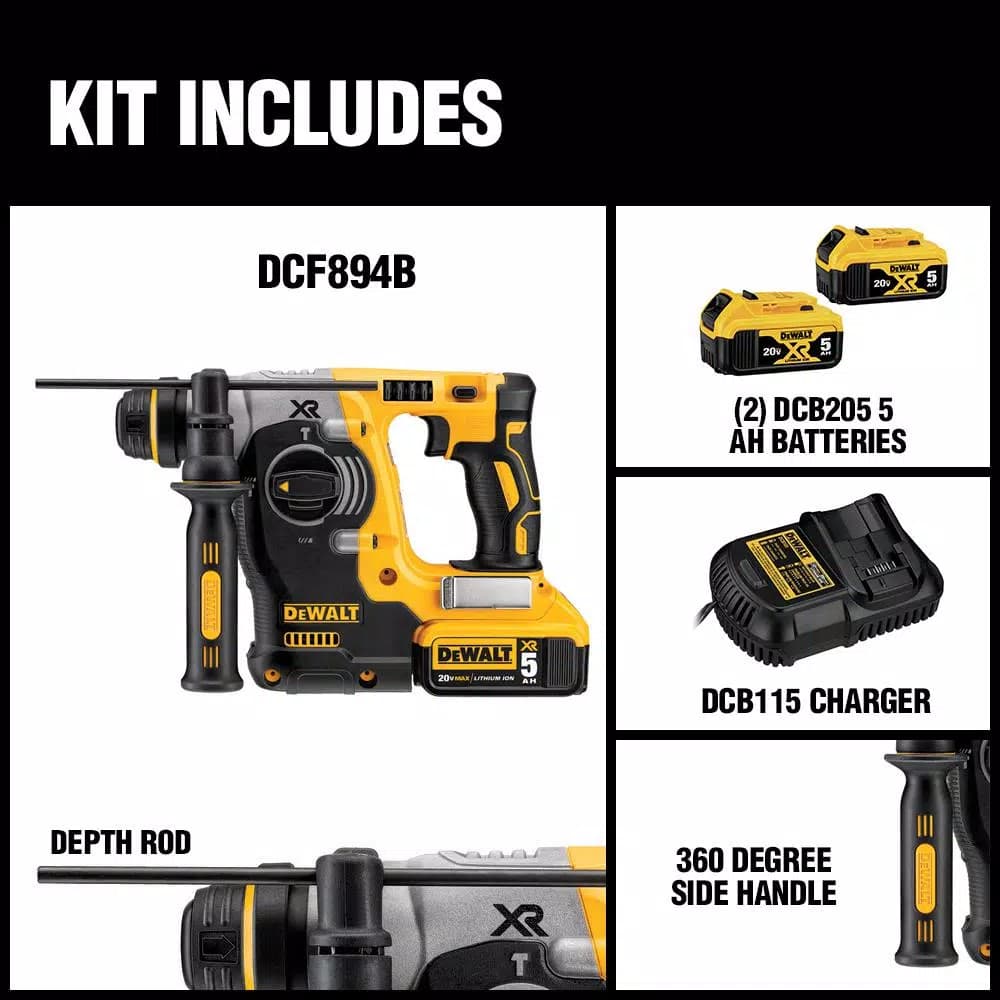 DEWALT 20V MAX XR Brushless 1 in. SDS Plus L-Shape Rotary Hammer Kit with (2) 5.0 Ah Batteries & Charger