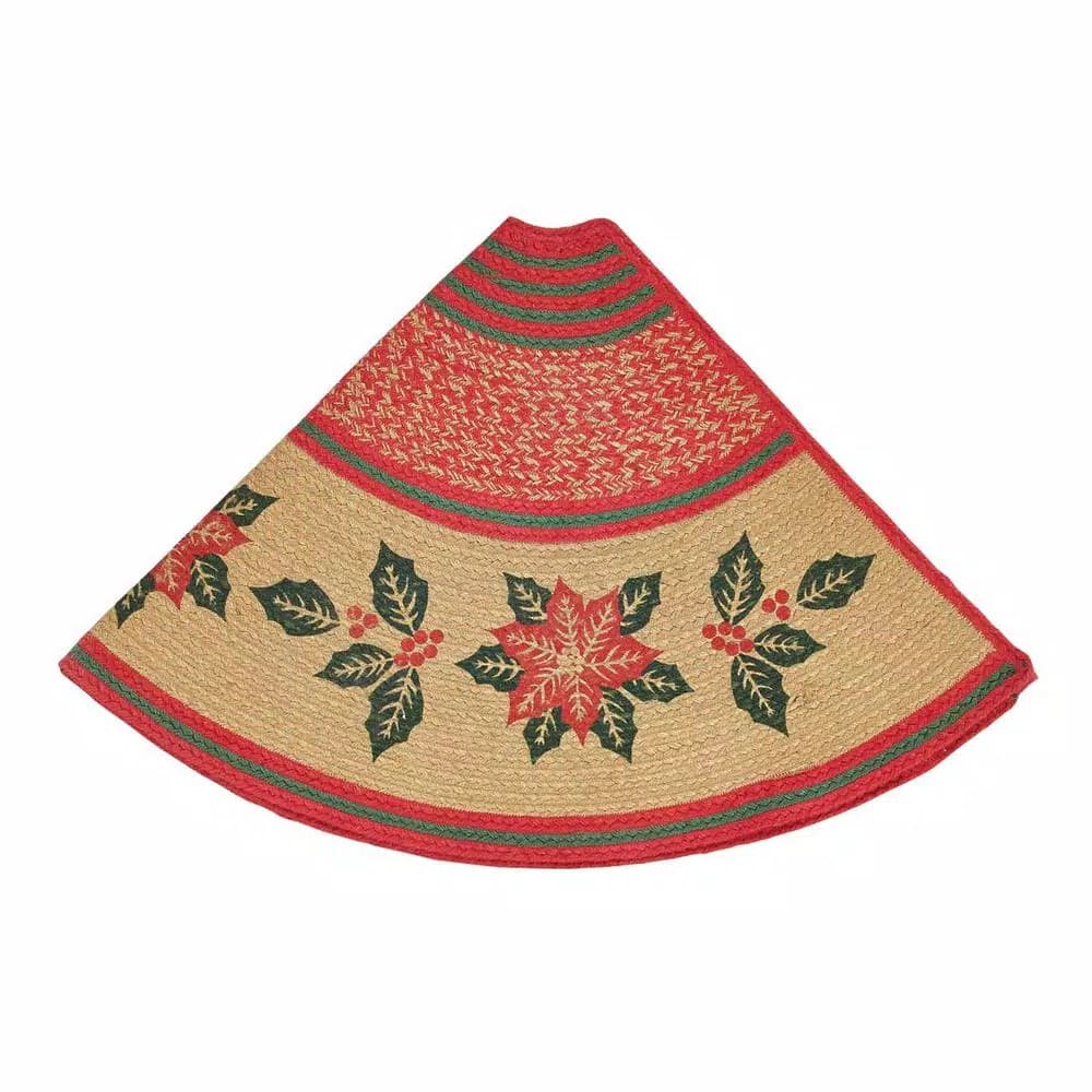 VHC Brands 50 in. Poinsettia Natural Tan Jute Tree Skirt with Holly Berry Red and Forest Green Stencil