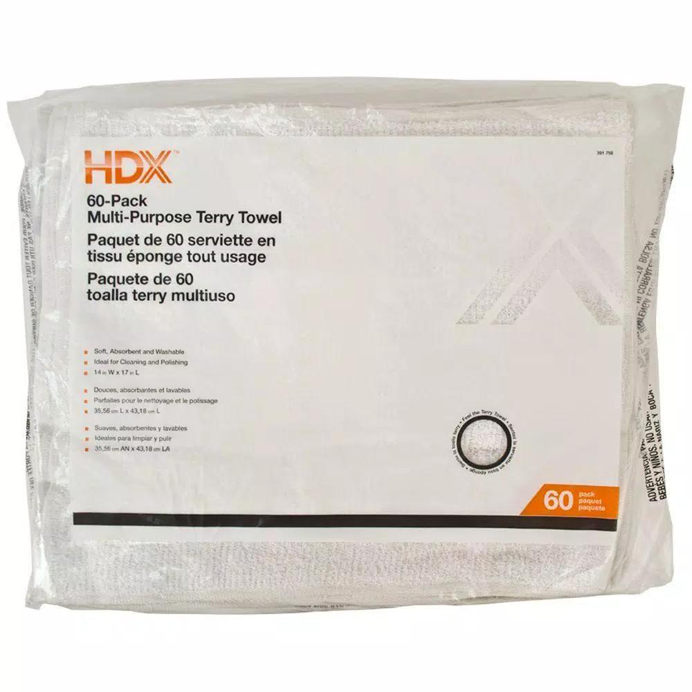 HDX Multi-Purpose Cotton Blend Terry Cloth Towels, 14 in. x 17 in., White (60-Pack)