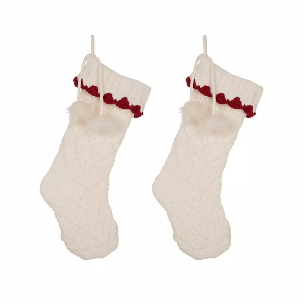Glitzhome 22 in. White Knitted Acrylic Christmas Stockings with Pompoms (Set of 2)