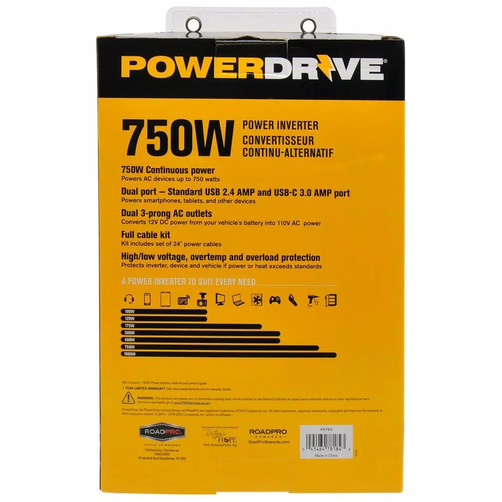 PowerDrive 750W DC to AC Power Inverter with Dual USB and USB-C Ports