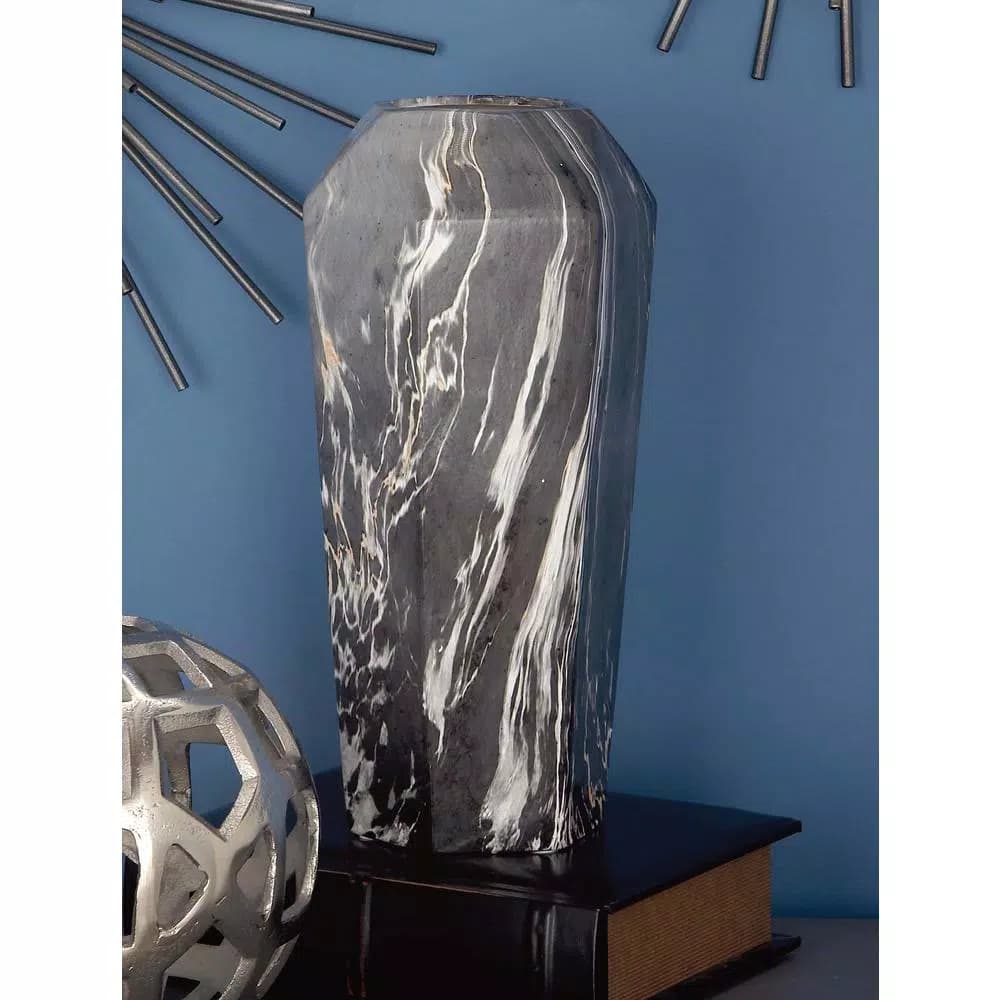 LITTON LANE Modern Reflections 14 in. Black and White Marble Patterned Ceramic Geometric Vase