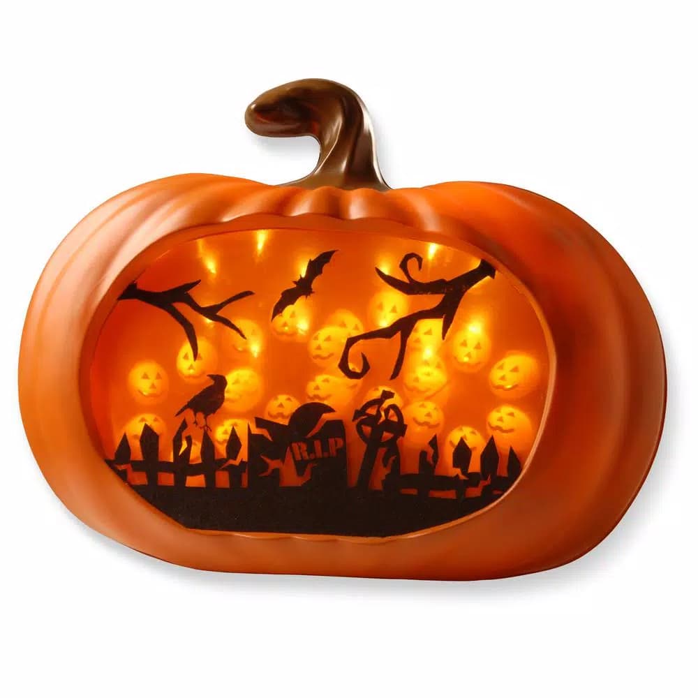 National Tree Company 14 in. 3D Orange LED Pumpkin Halloween Hanging Decor with Hologram Jack-O-Lantern Effect