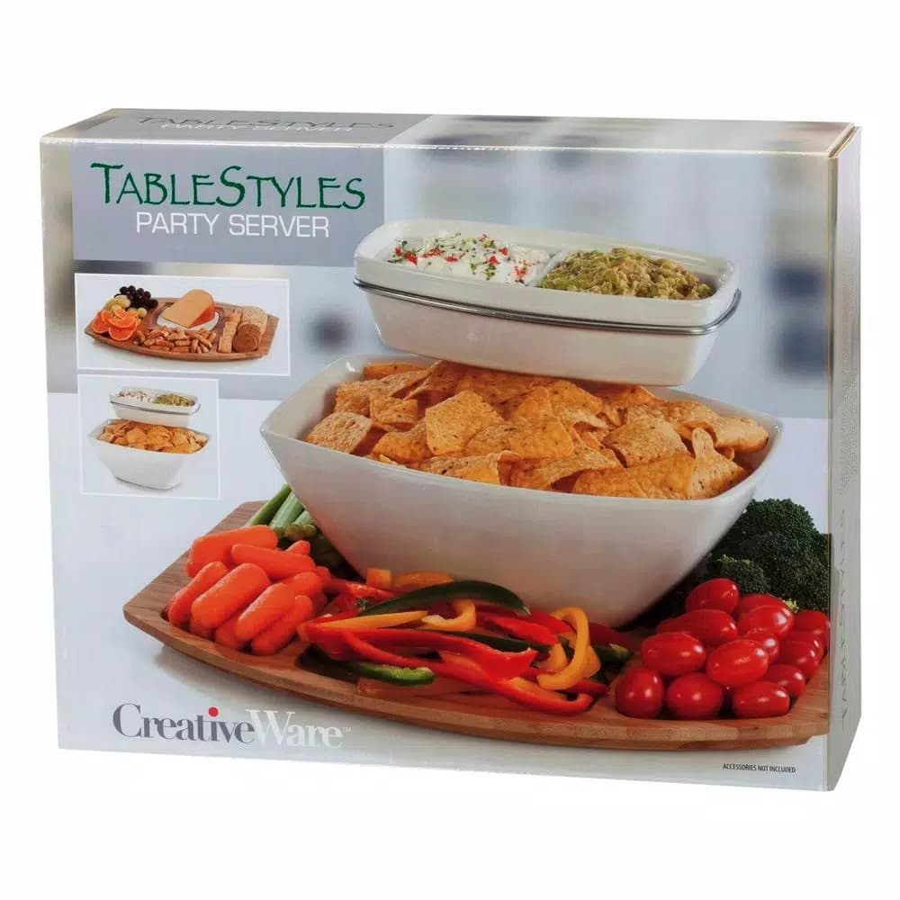 Unbranded Creative Ware TableStyles Bamboo and Ceramic Chip 'n Dip Party Server Set