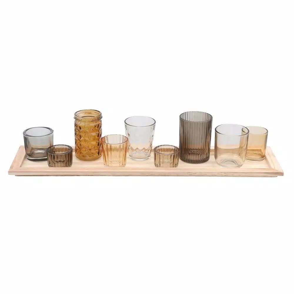 3R Studios Multi-Colored Glass and Wood Votive Candle Holder Tray Set
