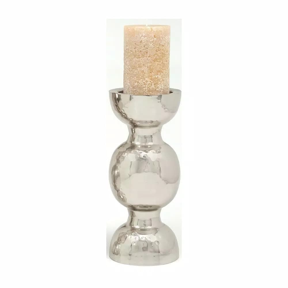 LITTON LANE 14 in. x 6 in. Classic Iron Candle Holder with Spherical Orb Accent, Polished Silver Finish
