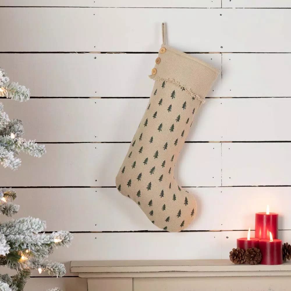 VHC Brands 20 in. Vintage Burlap Tree Christmas Stocking - Antique Creme & Pine Green Cotton