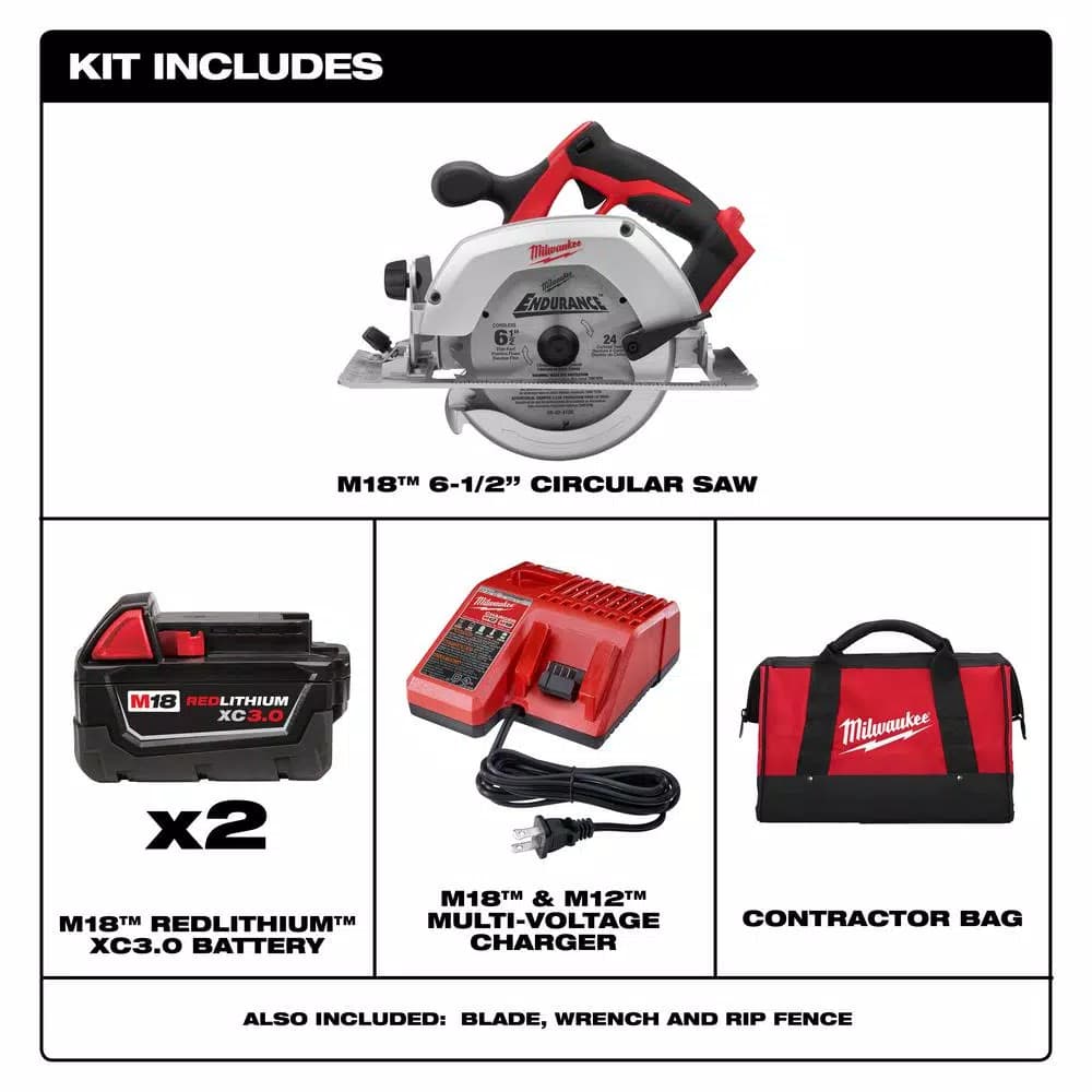 Milwaukee M18 6-1/2 in. Cordless Circular Saw Kit with Two 3.0 Ah Batteries, Charger, and Tool Bag
