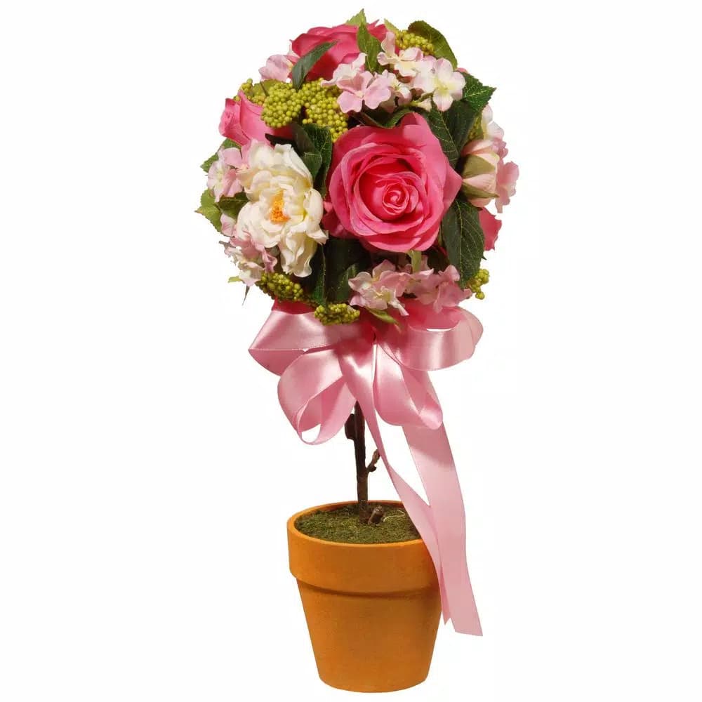 National Tree Company 14 in. Rose and Hydrangea Mixed Flower Topiary with Pink Ribbon