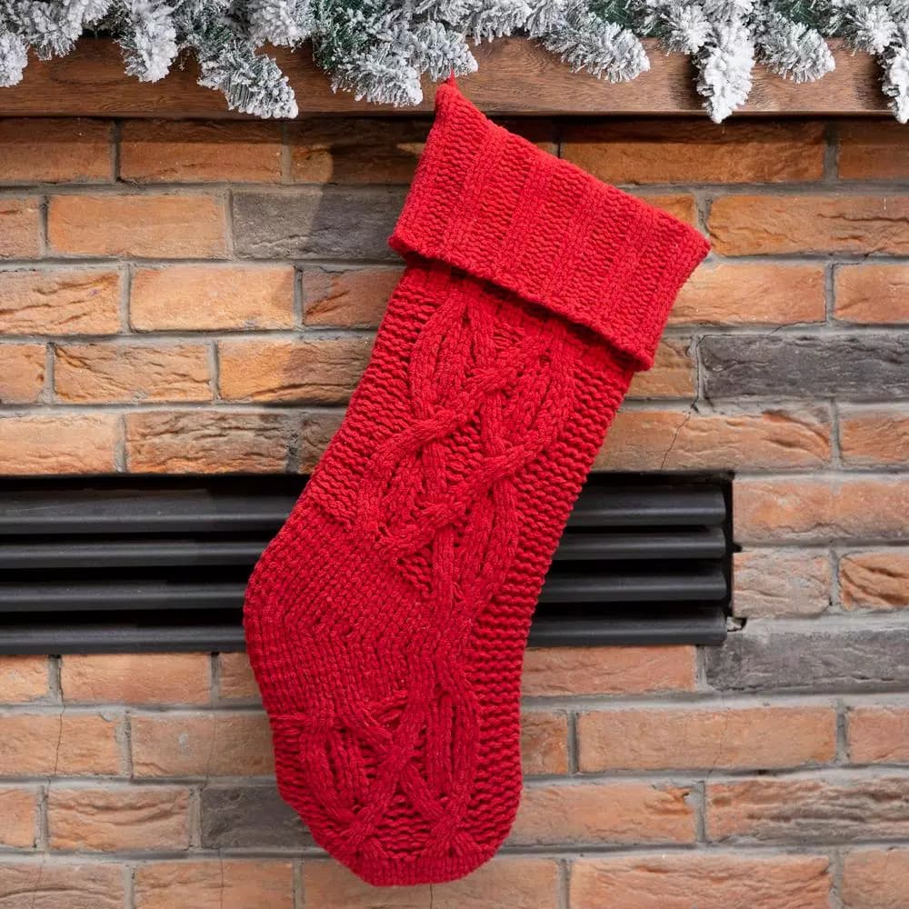 Glitzhome 22 in. Red Knitted Chenille Polyester Christmas Stocking