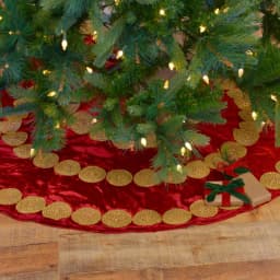 VHC Brands 48 in. Red Memories Glam Christmas Tree Skirt with Gold Trim thumbnail 2