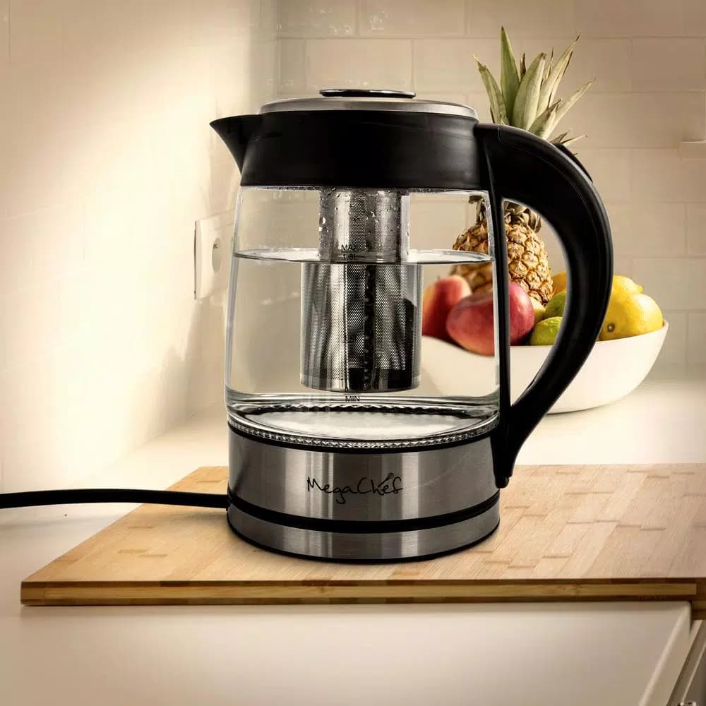 MegaChef 1.8L Cordless Glass and Stainless Steel Electric Tea Kettle with LED Base