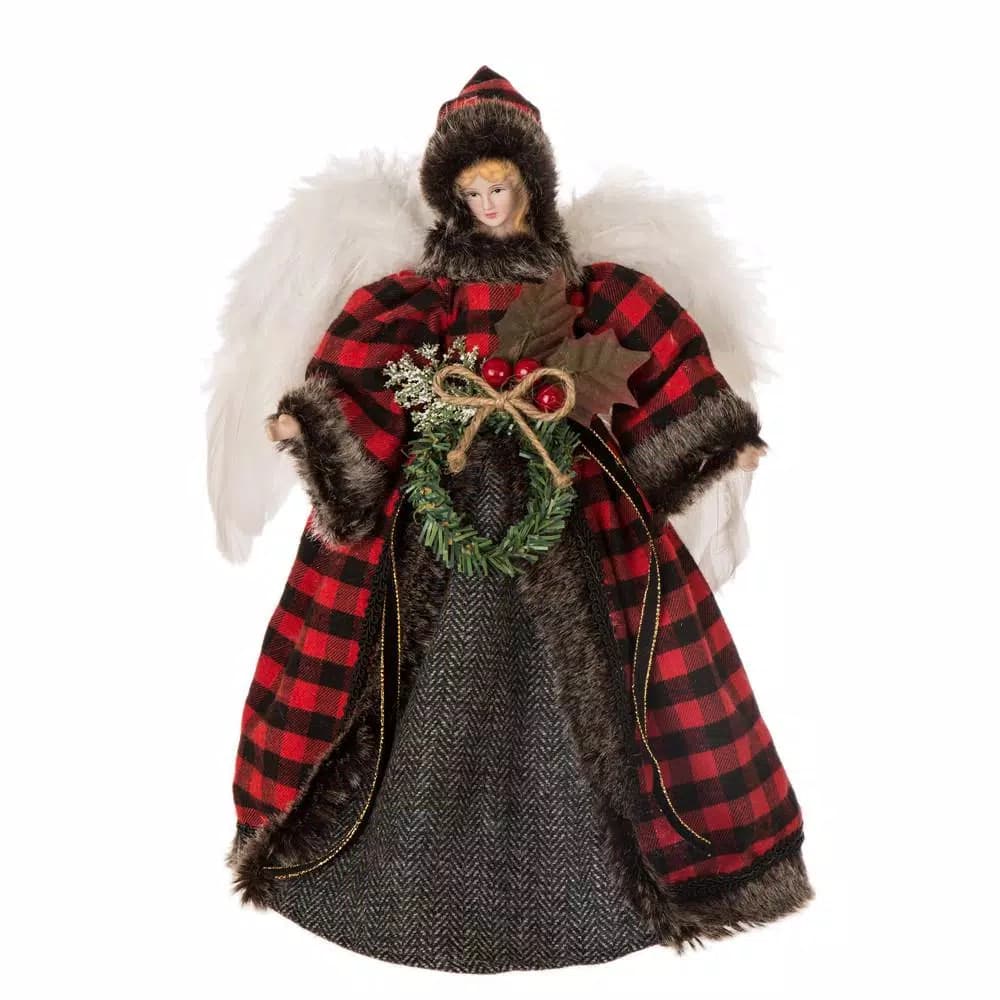 Glitzhome 12 in. Plaid Angel Christmas Tree Topper Figurine Decoration