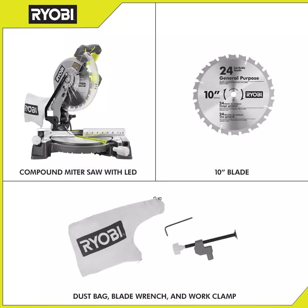 RYOBI 10 in. Compound Miter Saw with LED Cutline Indicator, 14 Amp, Corded