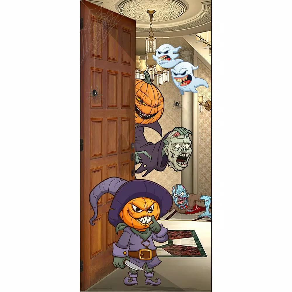My Door Decor 36 in. x 80 in. Halloween Pumpkin Heads Front Door Banner Mural Sign