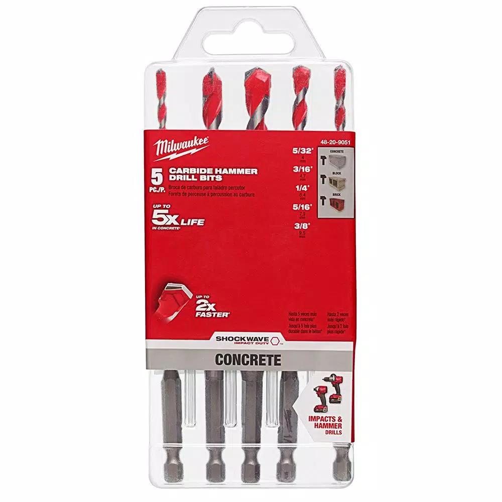 Milwaukee SHOCKWAVE Carbide Hammer Drill Bit Set, 5-Piece Masonry Bit Kit