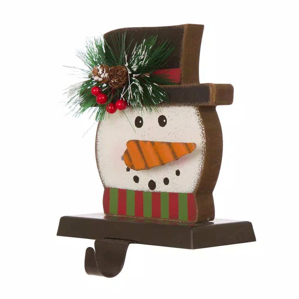 Glitzhome 6.5 in. Snowman Head Wooden and Metal Stocking Holder, Festive Holiday Decor