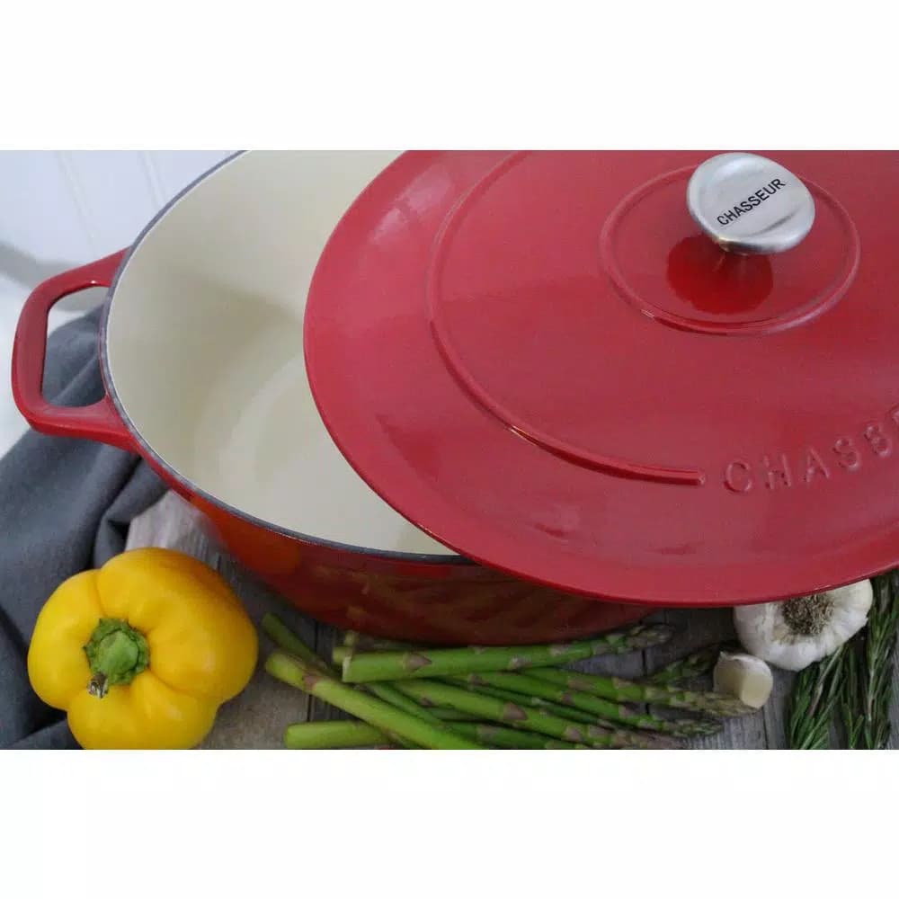 Chasseur French Enameled Cast Iron 7.25 qt. Oval Dutch Oven with Lid, Red